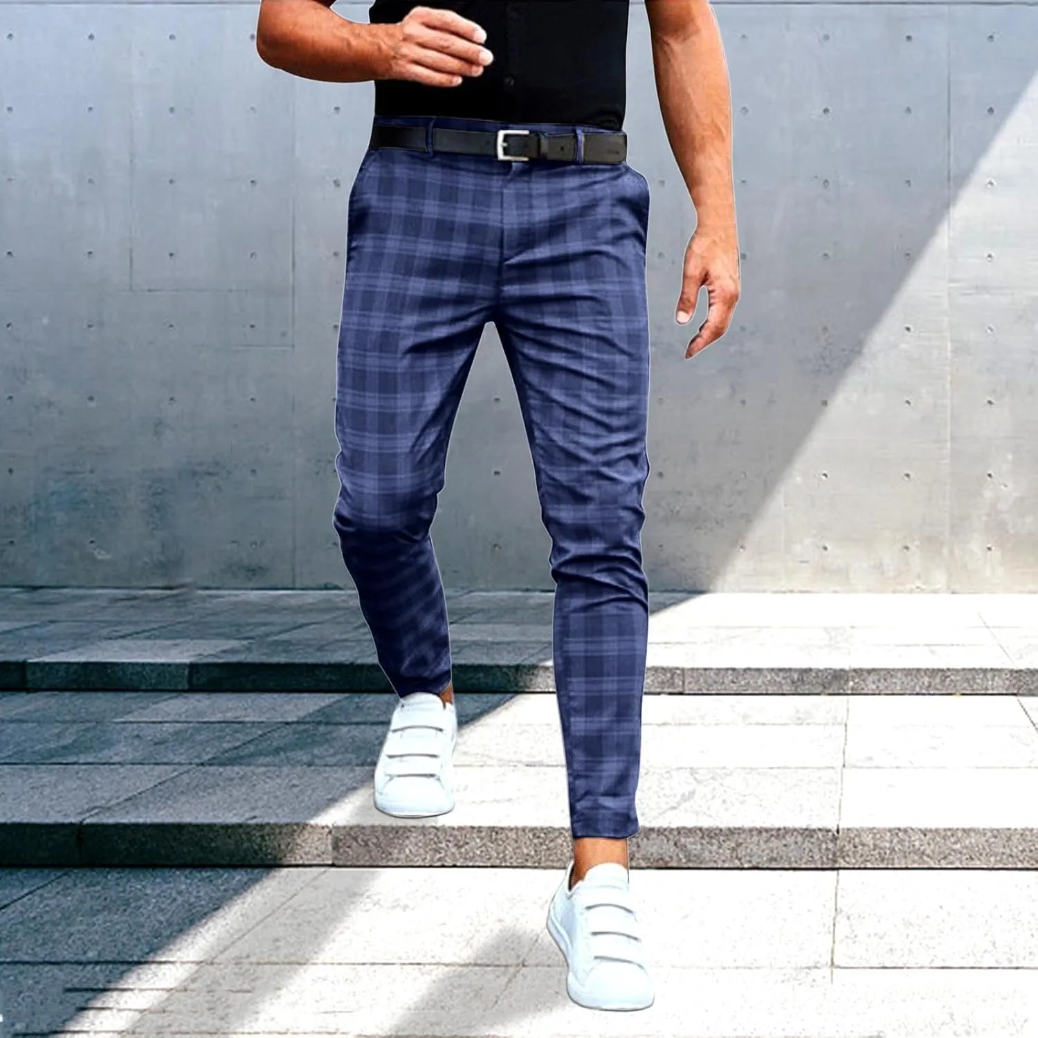 Mens Chinos Slim Fit Pants Flat Front Skinny Tapered Dress Pants Plaid Skinny Long Pants Business Golf Dress Pants