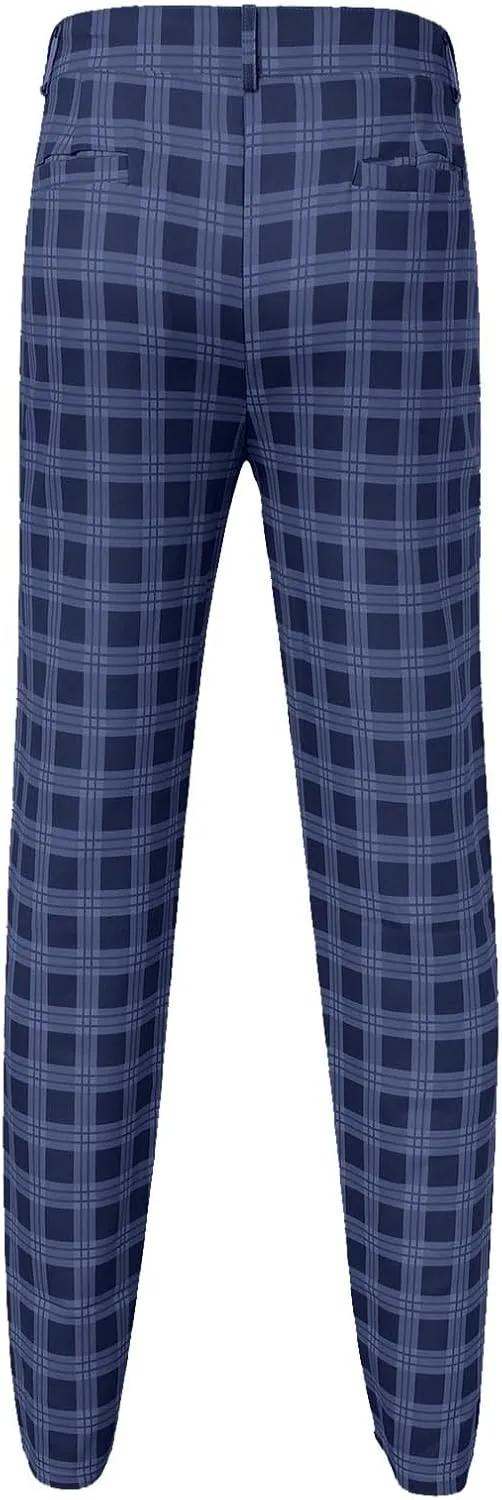 Mens Chinos Slim Fit Pants Flat Front Skinny Tapered Dress Pants Plaid Skinny Long Pants Business Golf Dress Pants