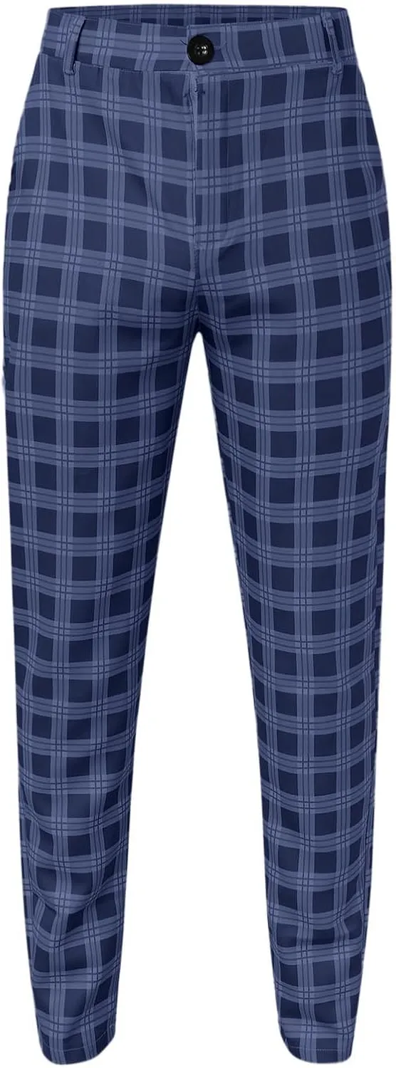 Mens Chinos Slim Fit Pants Flat Front Skinny Tapered Dress Pants Plaid Skinny Long Pants Business Golf Dress Pants