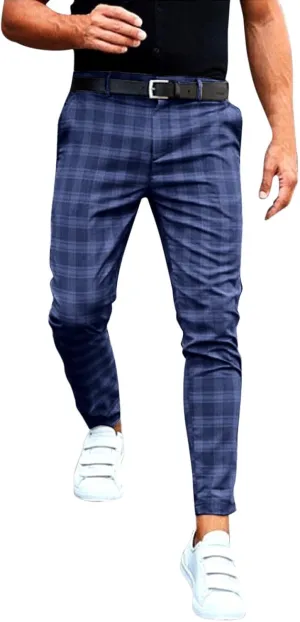 Mens Chinos Slim Fit Pants Flat Front Skinny Tapered Dress Pants Plaid Skinny Long Pants Business Golf Dress Pants