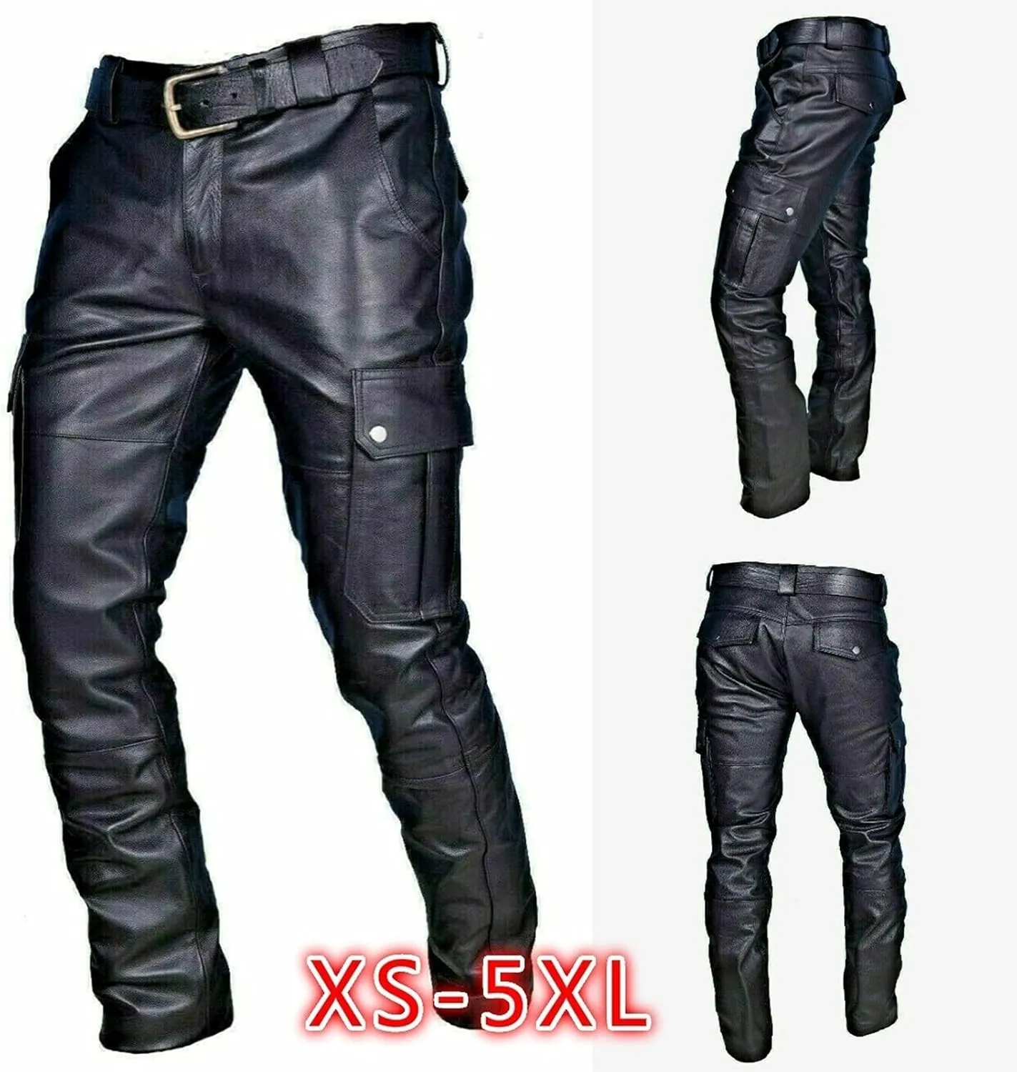 Men's Classic Rock Steampunk Leather Pants Slim Fit Stretch Cargo Biker Pants Retro Metallic Motocycle Punk Trousers