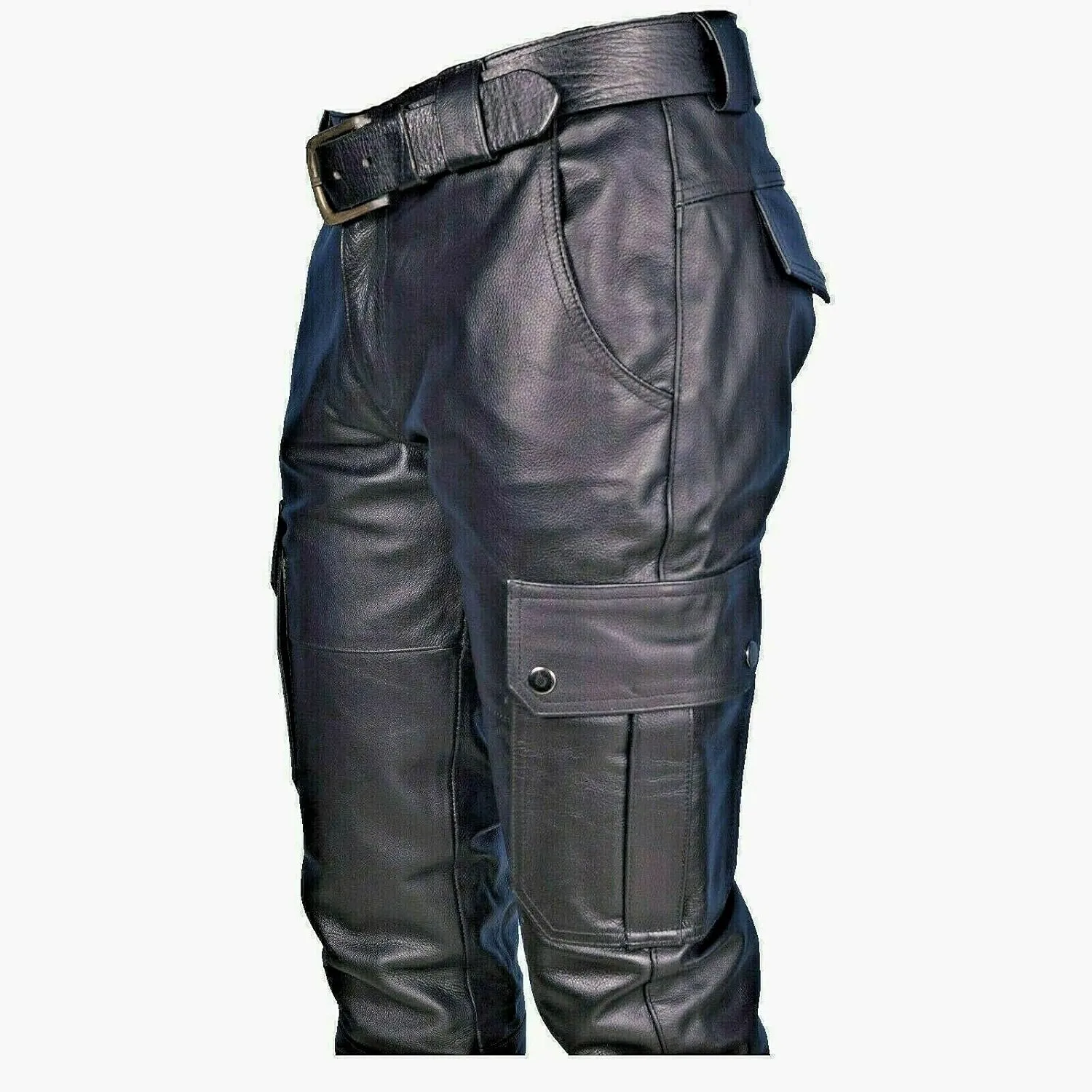 Men's Classic Rock Steampunk Leather Pants Slim Fit Stretch Cargo Biker Pants Retro Metallic Motocycle Punk Trousers