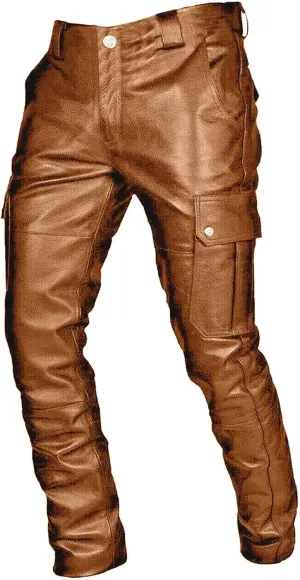 Men's Classic Rock Steampunk Leather Pants Slim Fit Stretch Cargo Biker Pants Retro Metallic Motocycle Punk Trousers