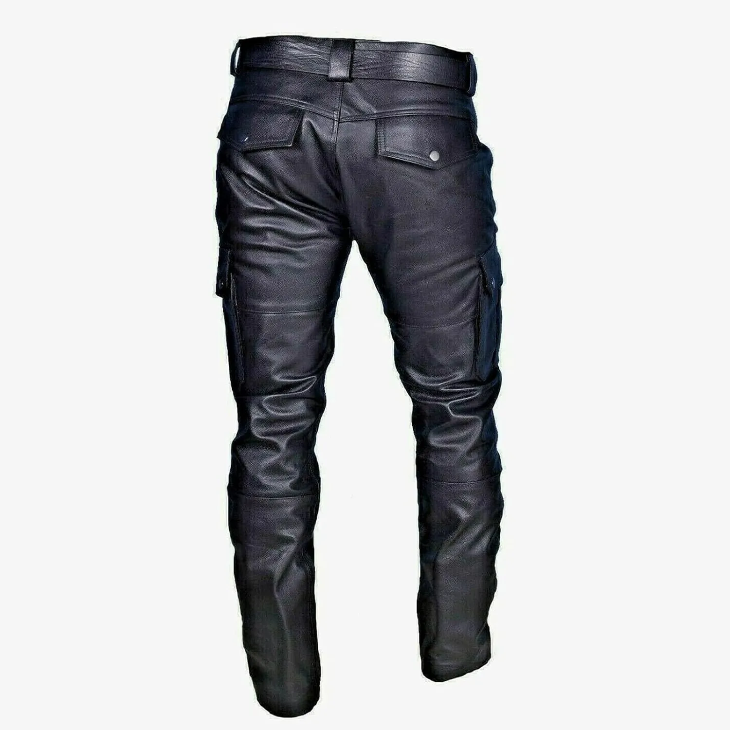 Men's Classic Rock Steampunk Leather Pants Slim Fit Stretch Cargo Biker Pants Retro Metallic Motocycle Punk Trousers