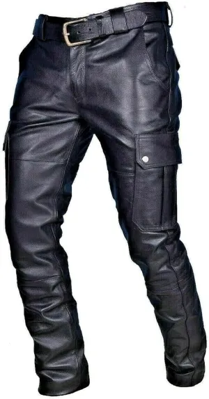 Men's Classic Rock Steampunk Leather Pants Slim Fit Stretch Cargo Biker Pants Retro Metallic Motocycle Punk Trousers