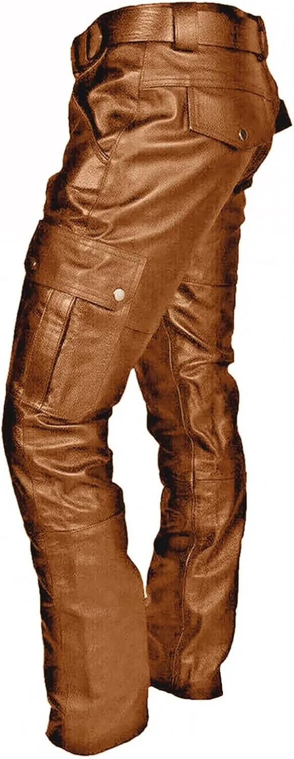 Men's Classic Rock Steampunk Leather Pants Slim Fit Stretch Cargo Biker Pants Retro Metallic Motocycle Punk Trousers