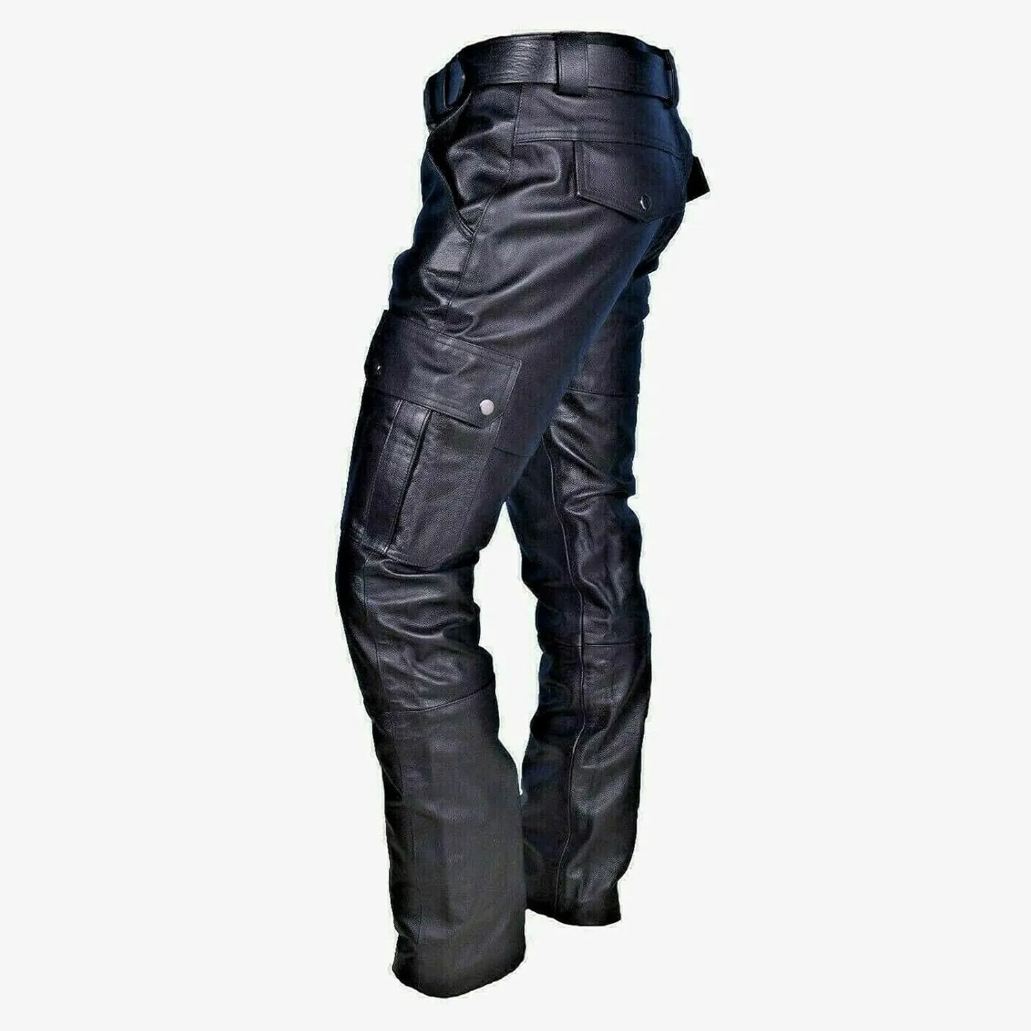 Men's Classic Rock Steampunk Leather Pants Slim Fit Stretch Cargo Biker Pants Retro Metallic Motocycle Punk Trousers