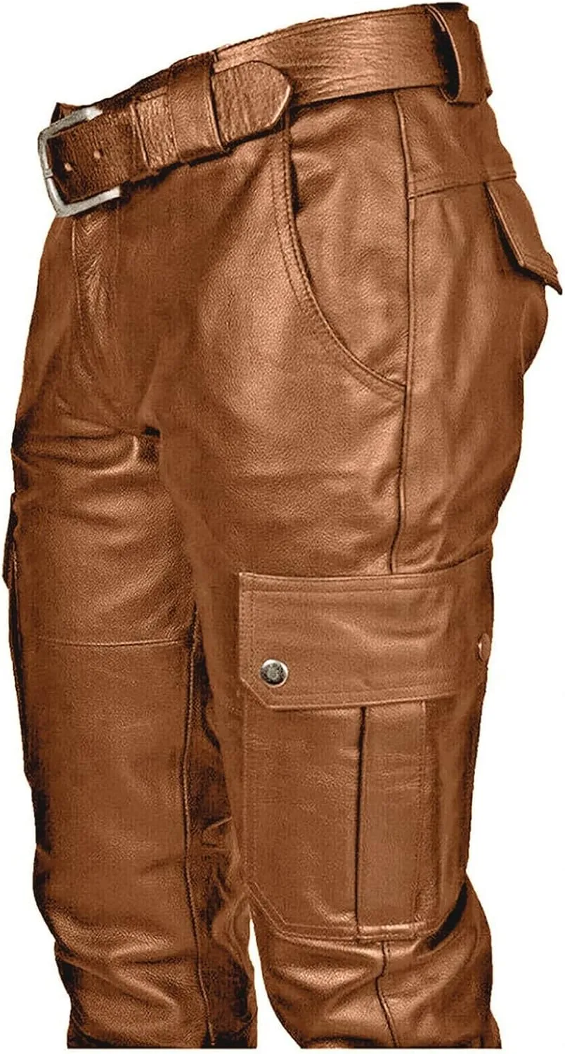 Men's Classic Rock Steampunk Leather Pants Slim Fit Stretch Cargo Biker Pants Retro Metallic Motocycle Punk Trousers