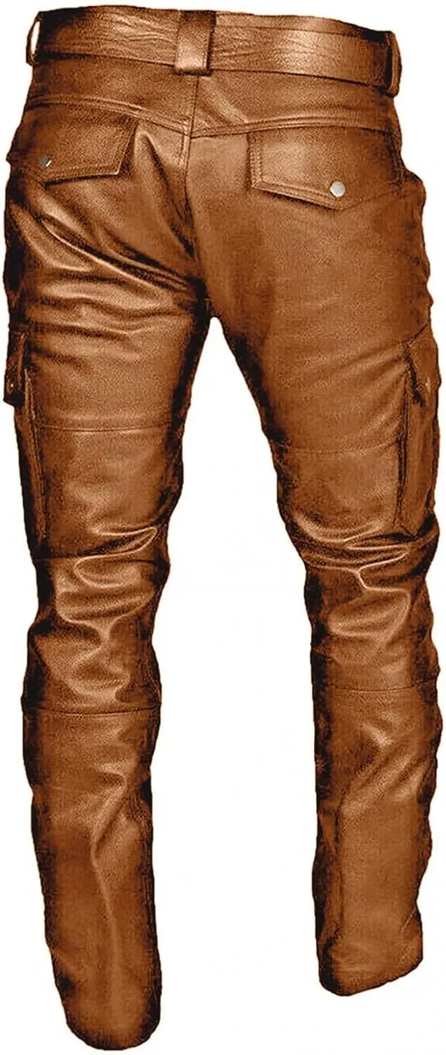Men's Classic Rock Steampunk Leather Pants Slim Fit Stretch Cargo Biker Pants Retro Metallic Motocycle Punk Trousers