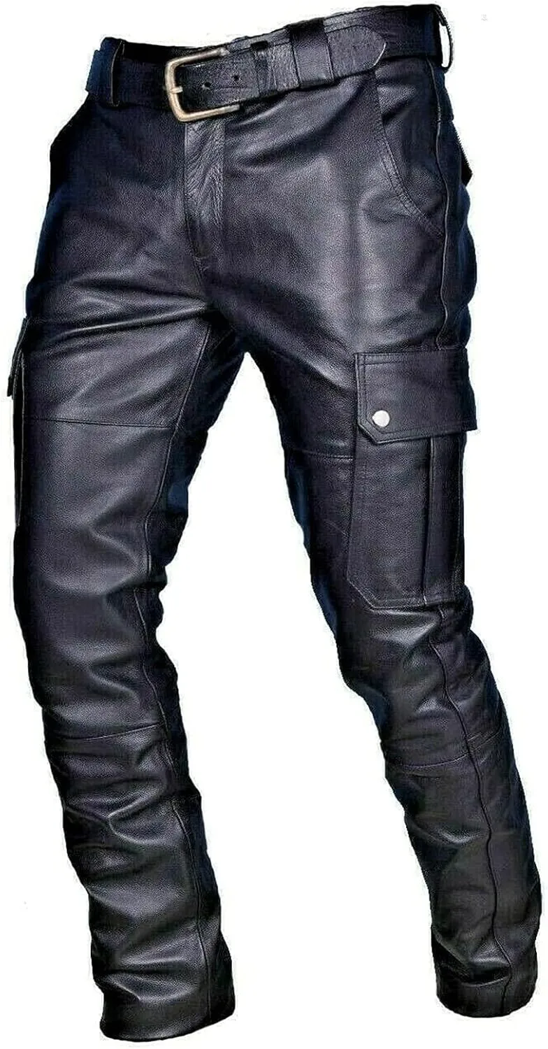 Men's Classic Rock Steampunk Leather Pants Slim Fit Stretch Cargo Biker Pants Retro Metallic Motocycle Punk Trousers