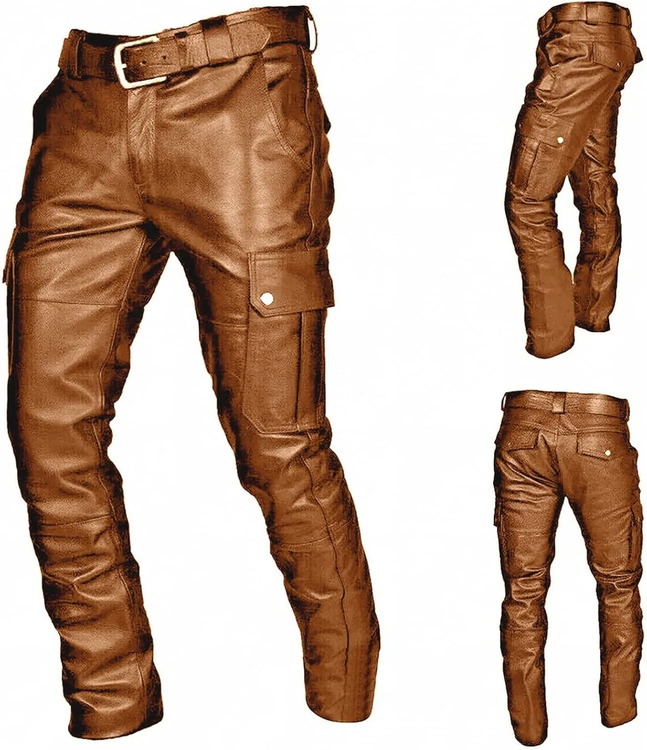 Men's Classic Rock Steampunk Leather Pants Slim Fit Stretch Cargo Biker Pants Retro Metallic Motocycle Punk Trousers