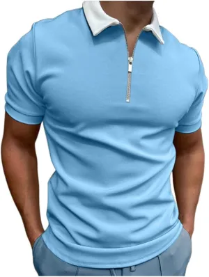 Men's Classic Short Sleeve Polo Shirts Zip Up Casual Summer Slim Fit Classic Collar T-Shirts