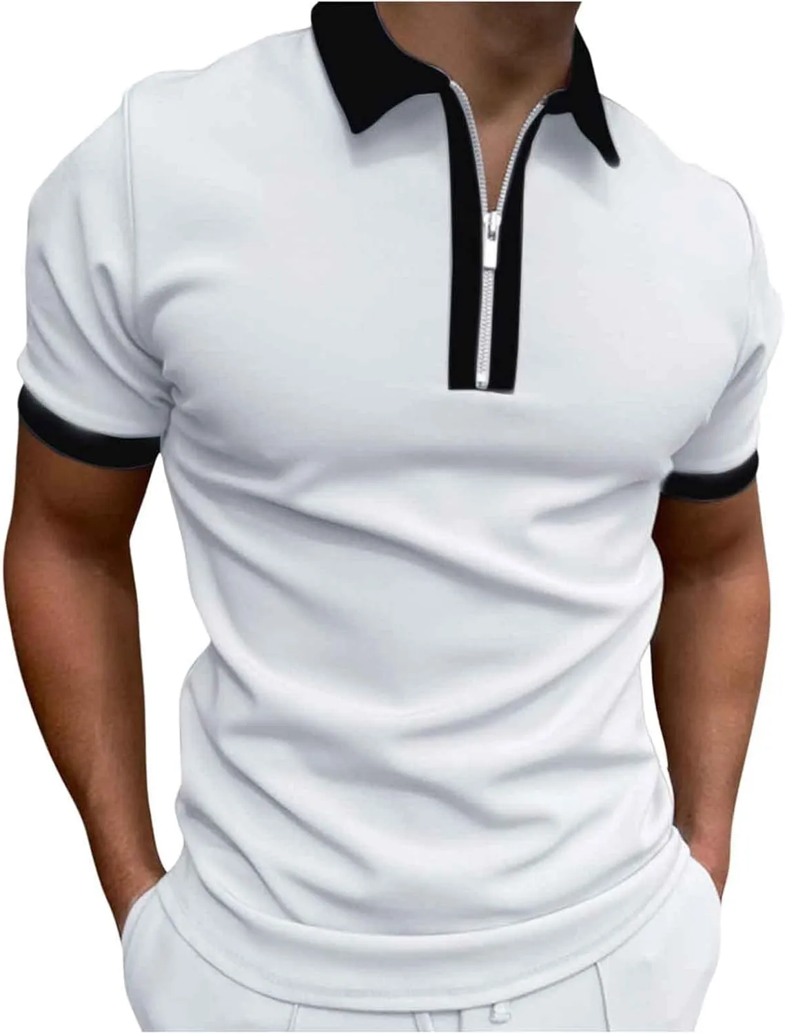 Men's Classic Short Sleeve Polo Shirts Zip Up Casual Summer Slim Fit Classic Collar T-Shirts