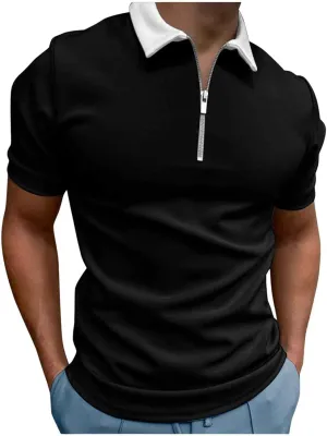 Men's Classic Short Sleeve Polo Shirts Zip Up Casual Summer Slim Fit Classic Collar T-Shirts