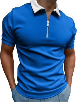 Men's Classic Short Sleeve Polo Shirts Zip Up Casual Summer Slim Fit Classic Collar T-Shirts