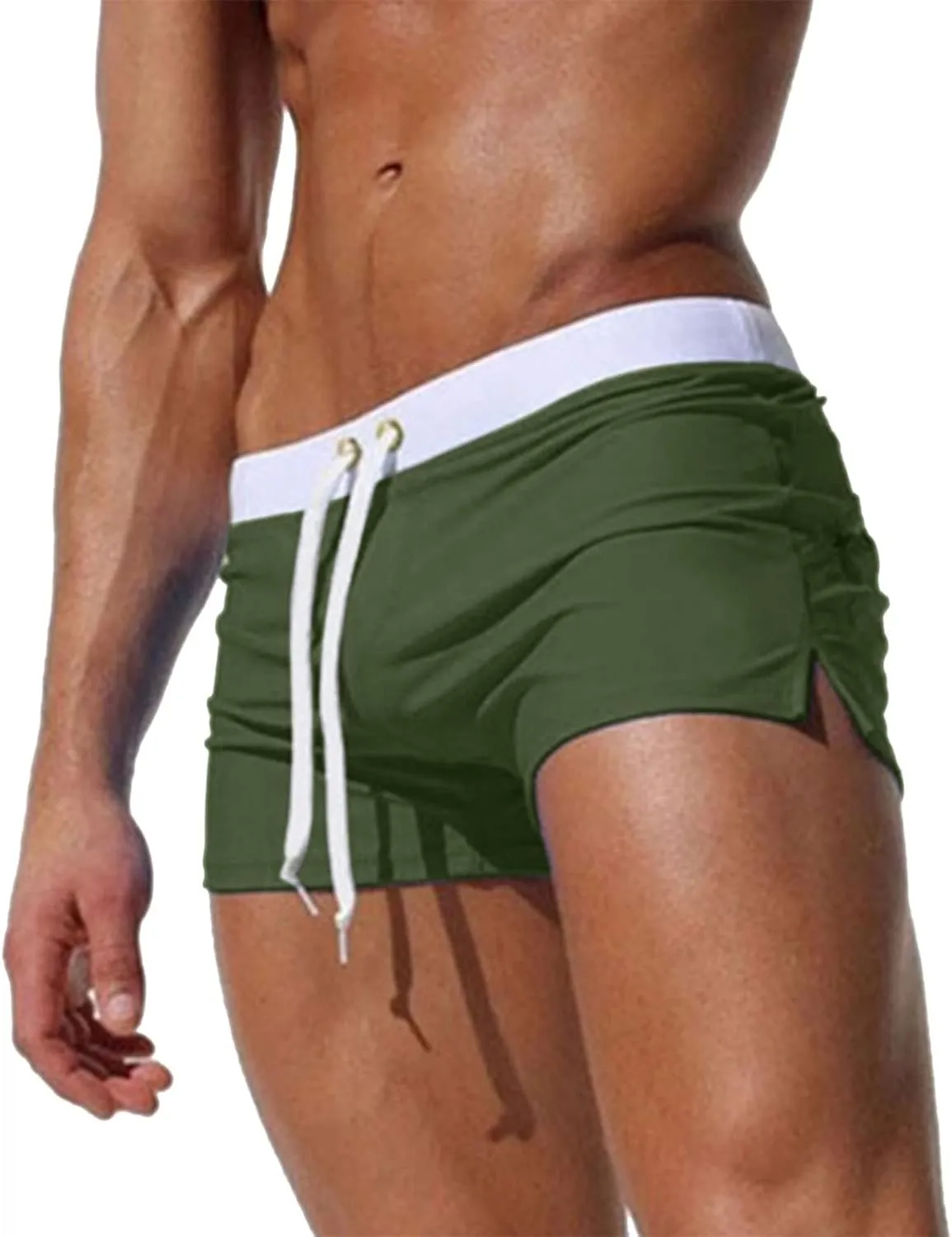 Men's Classic Solid Square Cut Swimwear Side Slit Sexy Tight Swimming Trunks Tan Through Bikini Swim Briefs Summer