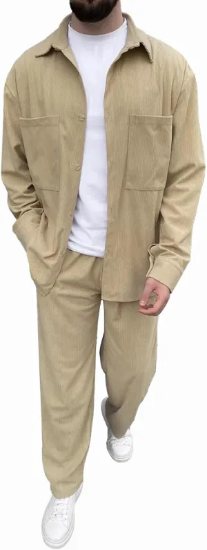 Men's Corduroy Set Lapel Button Long Sleeve Knitted Shirt Tops Elastic Waist Straight Leg Trousers Fashion Tracksuit