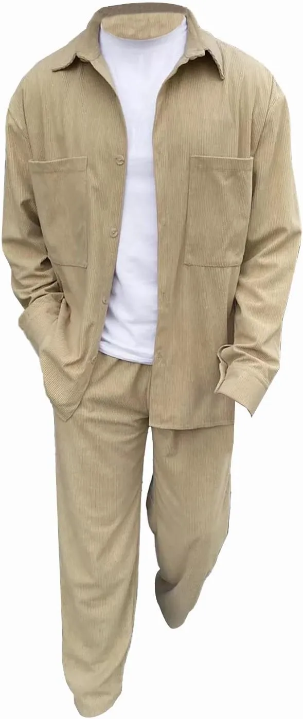 Men's Corduroy Set Lapel Button Long Sleeve Knitted Shirt Tops Elastic Waist Straight Leg Trousers Fashion Tracksuit
