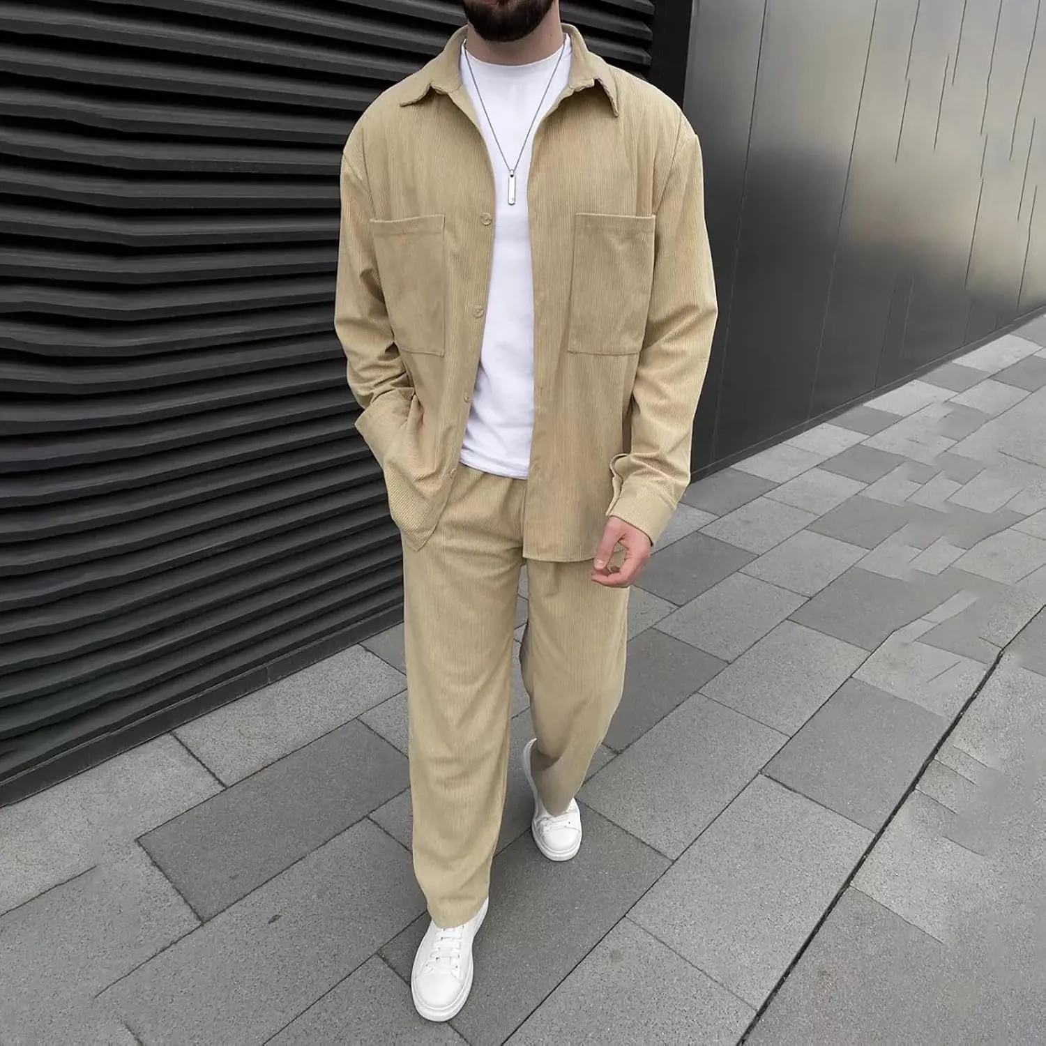 Men's Corduroy Set Lapel Button Long Sleeve Knitted Shirt Tops Elastic Waist Straight Leg Trousers Fashion Tracksuit