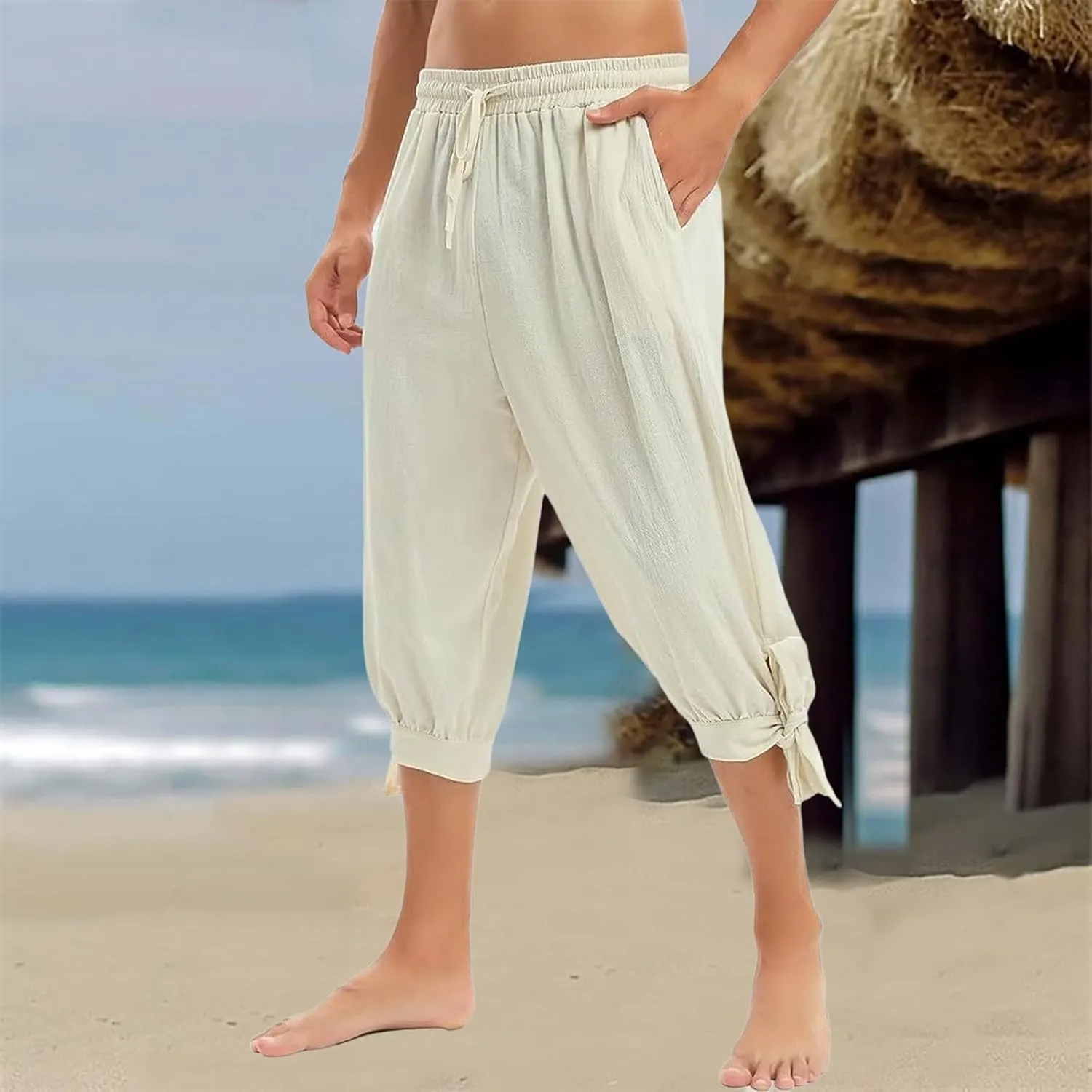 Men's Cotton Linen Capri Pants Below Knee Baggy Summer Harem Capris Drawstring Yoga Beach Short Pants with Pockets