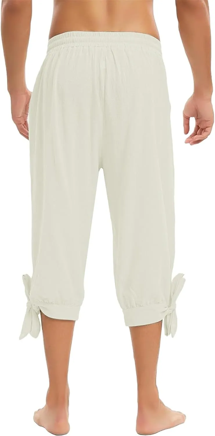 Men's Cotton Linen Capri Pants Below Knee Baggy Summer Harem Capris Drawstring Yoga Beach Short Pants with Pockets
