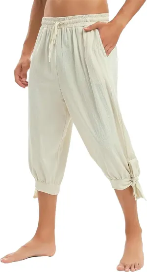 Men's Cotton Linen Capri Pants Below Knee Baggy Summer Harem Capris Drawstring Yoga Beach Short Pants with Pockets