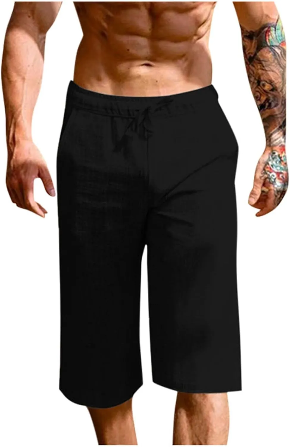 Men's Cotton Linen Cropped Trousers Mens Drawstring High Waist Capris Pants 3/4 Elasticated Waist Sweatpants