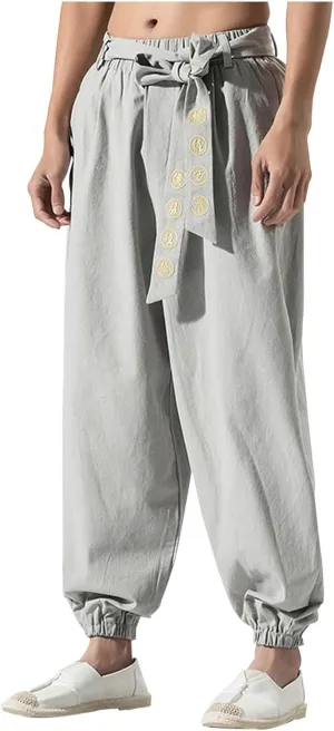 Mens Cotton Linen Pants Basic Elastic Waist Drawstring Trouser with Printing Casual Trendy Lightweigt Workout Outfits
