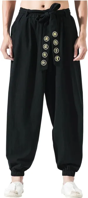 Mens Cotton Linen Pants Basic Elastic Waist Drawstring Trouser with Printing Casual Trendy Lightweigt Workout Outfits