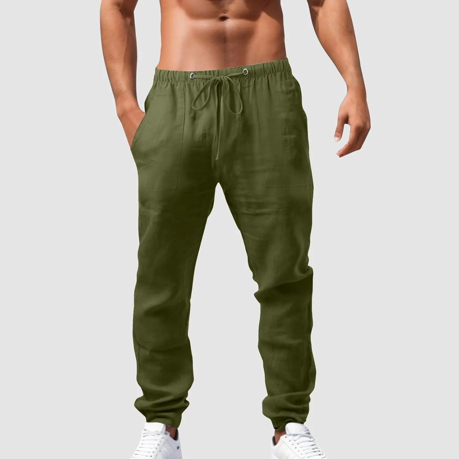 Mens Cotton Linen Pants Solid Color Summer Breathable Trouser Straight Leg Tactical Pants with Multi Pockets