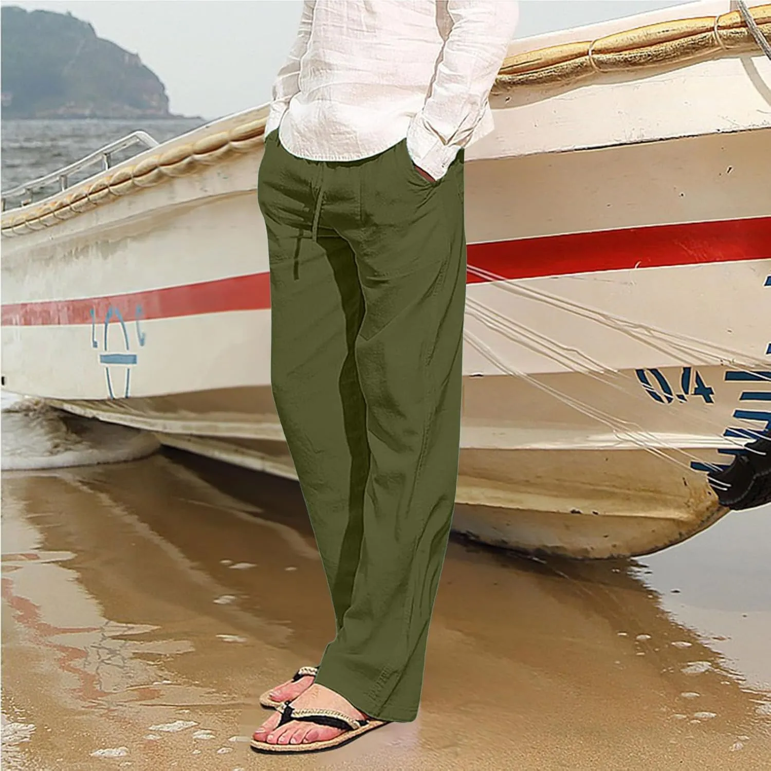 Mens Cotton Linen Pants Solid Color Summer Breathable Trouser Straight Leg Tactical Pants with Multi Pockets
