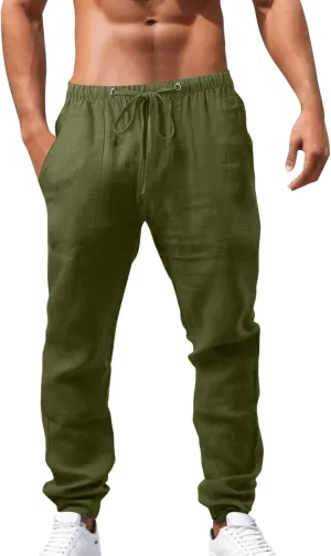 Mens Cotton Linen Pants Solid Color Summer Breathable Trouser Straight Leg Tactical Pants with Multi Pockets