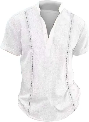 Mens Cotton Linen Shirt Casual Short Sleeve Henley Tshirts Half Botton Solid Summer Boho Tops With Chest Pocket