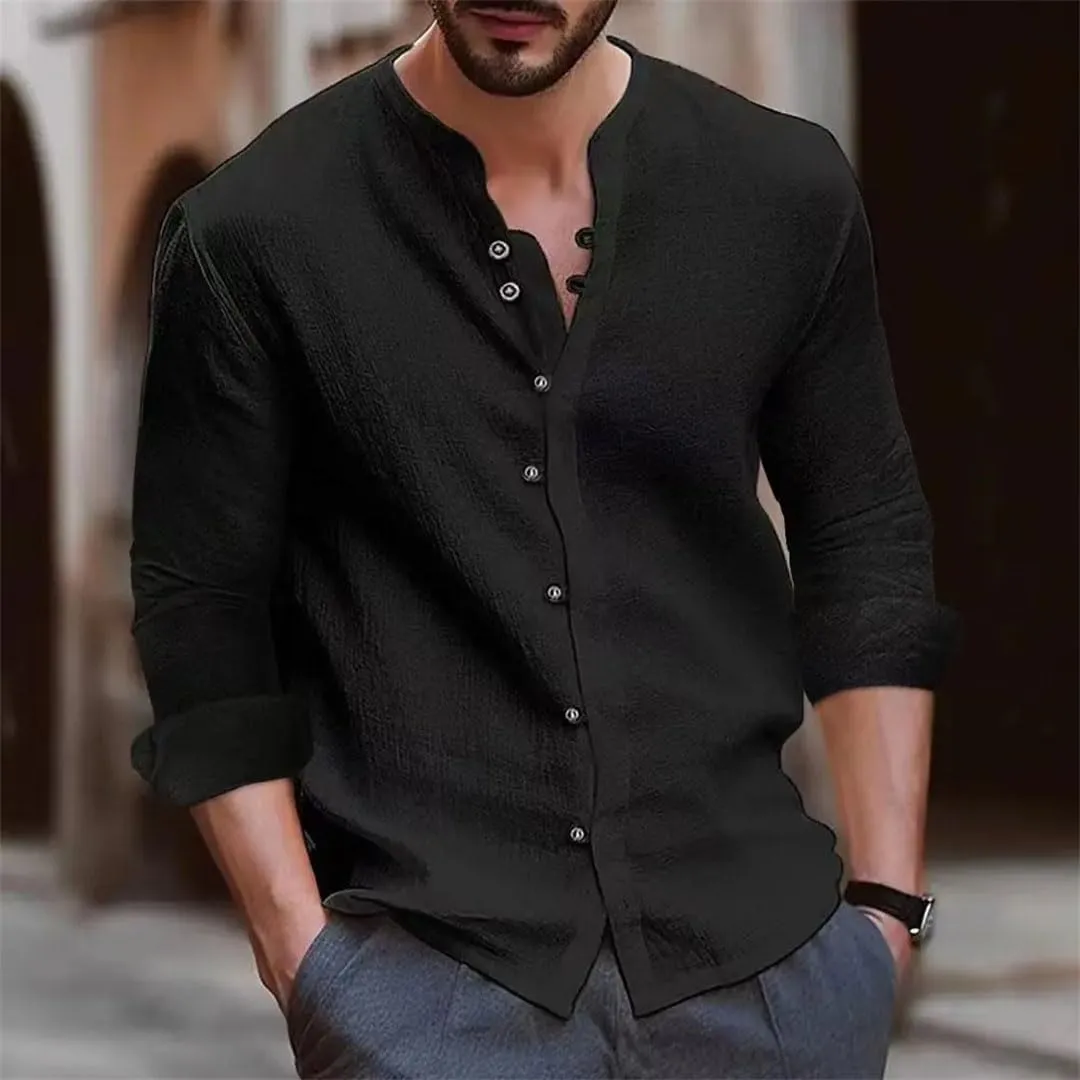 Men's Cotton Linen Shirt Loose Comfortable Linen Stand Collar Solid Color Shirt