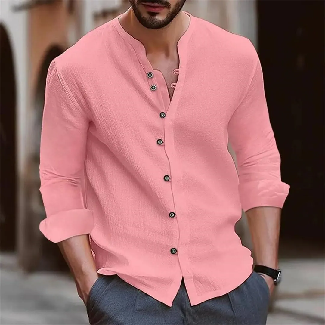Men's Cotton Linen Shirt Loose Comfortable Linen Stand Collar Solid Color Shirt