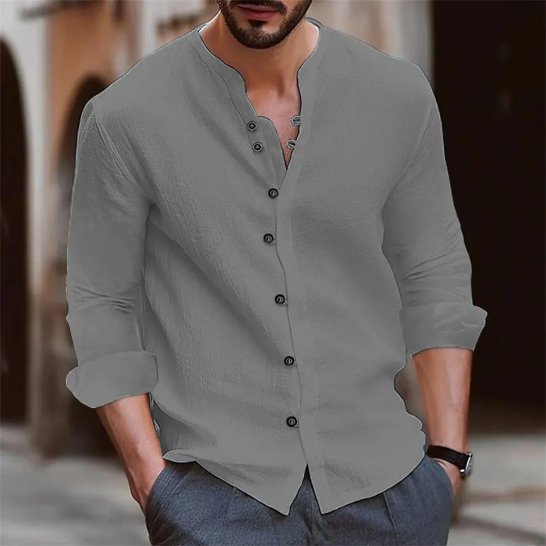 Men's Cotton Linen Shirt Loose Comfortable Linen Stand Collar Solid Color Shirt