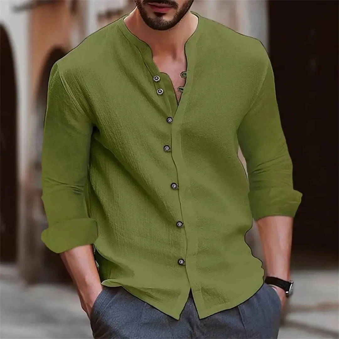 Men's Cotton Linen Shirt Loose Comfortable Linen Stand Collar Solid Color Shirt