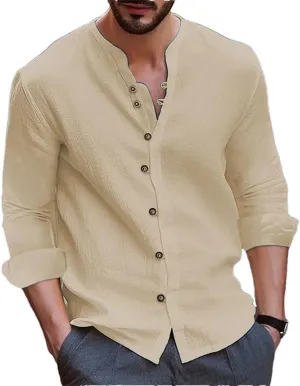Men's Cotton Linen Shirt Loose Comfortable Linen Stand Collar Solid Color Shirt