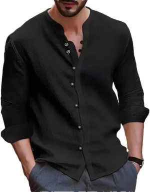 Men's Cotton Linen Shirt Loose Comfortable Linen Stand Collar Solid Color Shirt