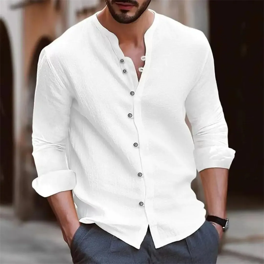 Men's Cotton Linen Shirt Loose Comfortable Linen Stand Collar Solid Color Shirt
