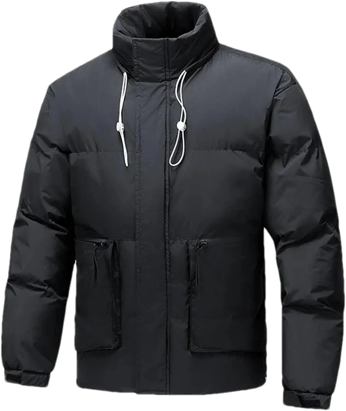 Men's Drawstring Stand-Up Solid Cotton-Padded Vintage Zipper Pockets Parka Coat