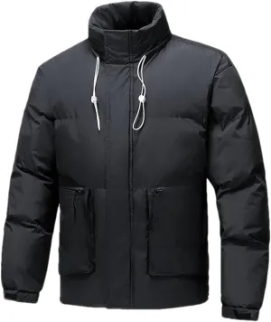 Men's Drawstring Stand-Up Solid Cotton-Padded Vintage Zipper Pockets Parka Coat
