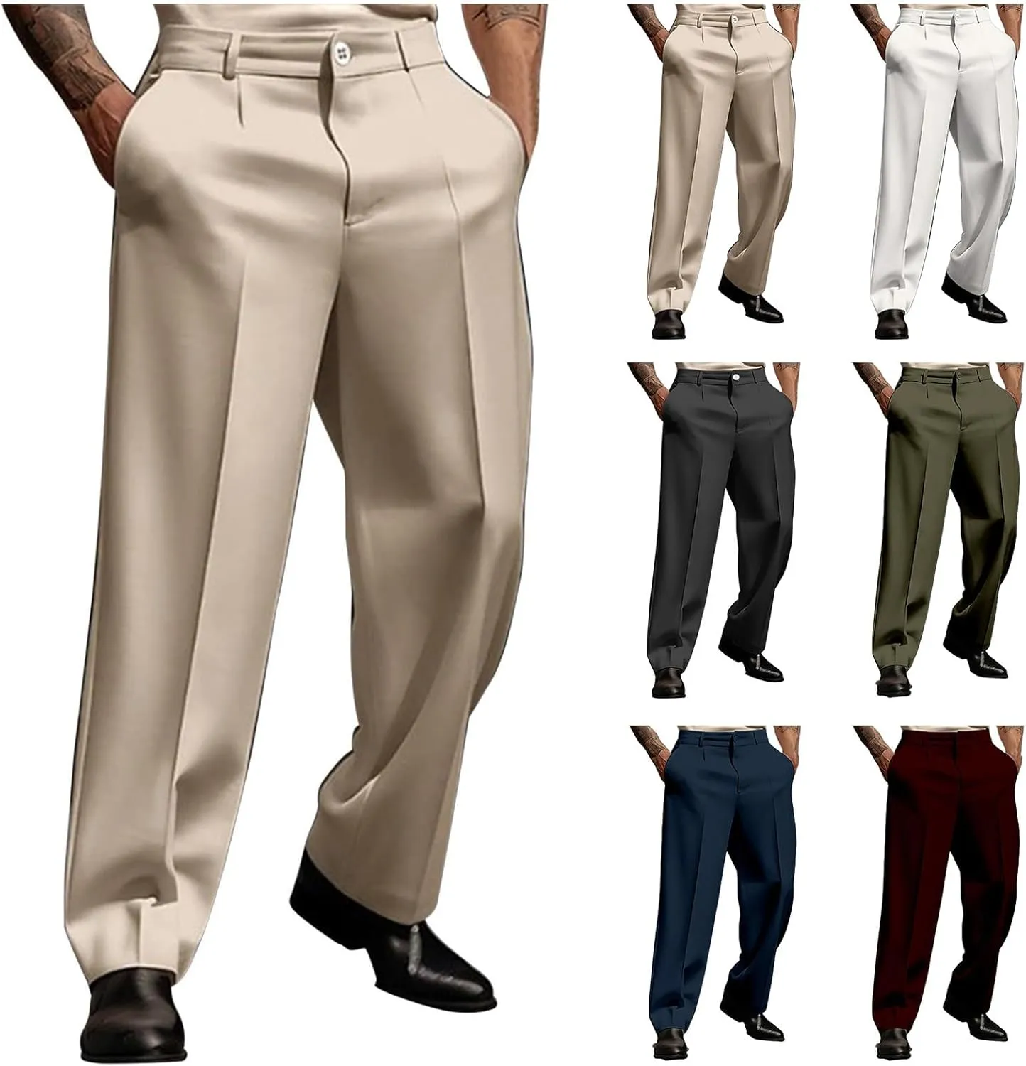 Mens Dress Pants Casual Business Formal Pants Breathable Comfy Wide Leg Trouser Loose Fit Wrinkle Free Work Trousers