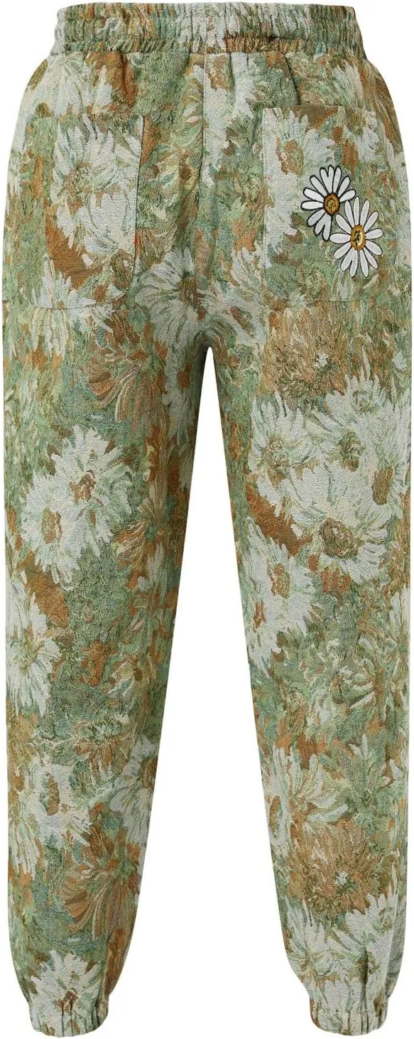 Mens Embroidered Floral Casual Pants with Drawstrings Trend Color Matching Slacks for Men Flower Printed Party Prom Trousers