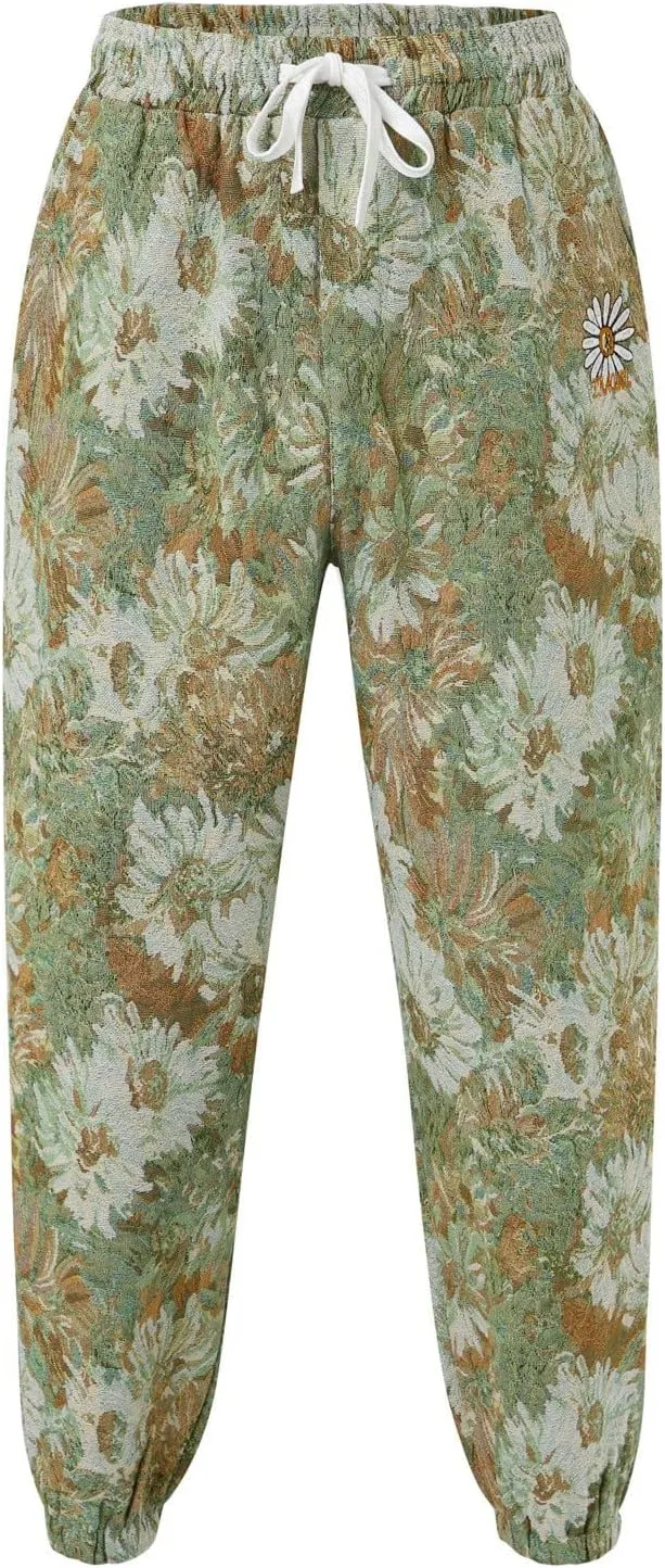 Mens Embroidered Floral Casual Pants with Drawstrings Trend Color Matching Slacks for Men Flower Printed Party Prom Trousers