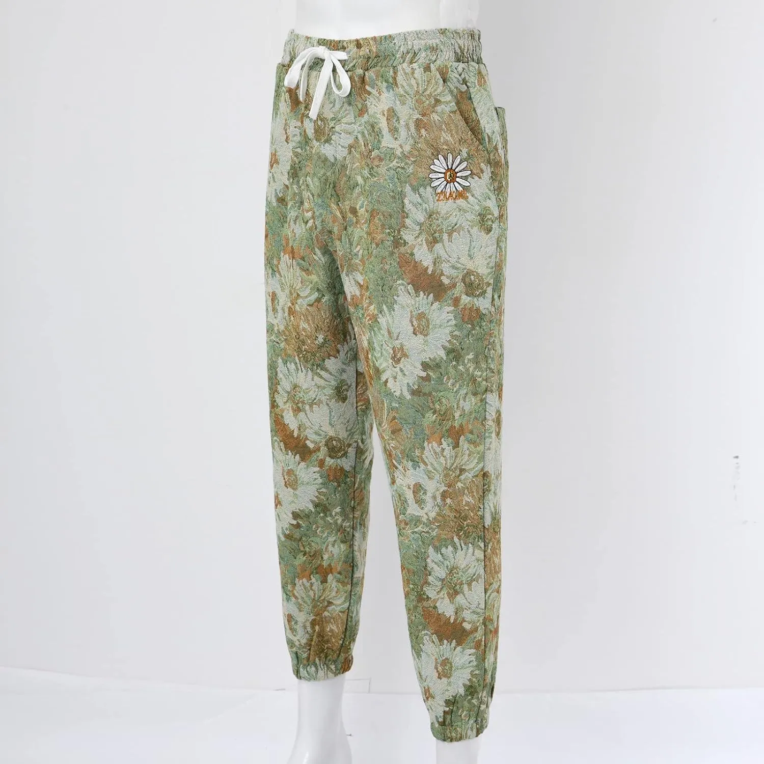 Mens Embroidered Floral Casual Pants with Drawstrings Trend Color Matching Slacks for Men Flower Printed Party Prom Trousers