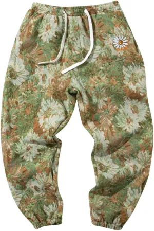 Mens Embroidered Floral Casual Pants with Drawstrings Trend Color Matching Slacks for Men Flower Printed Party Prom Trousers