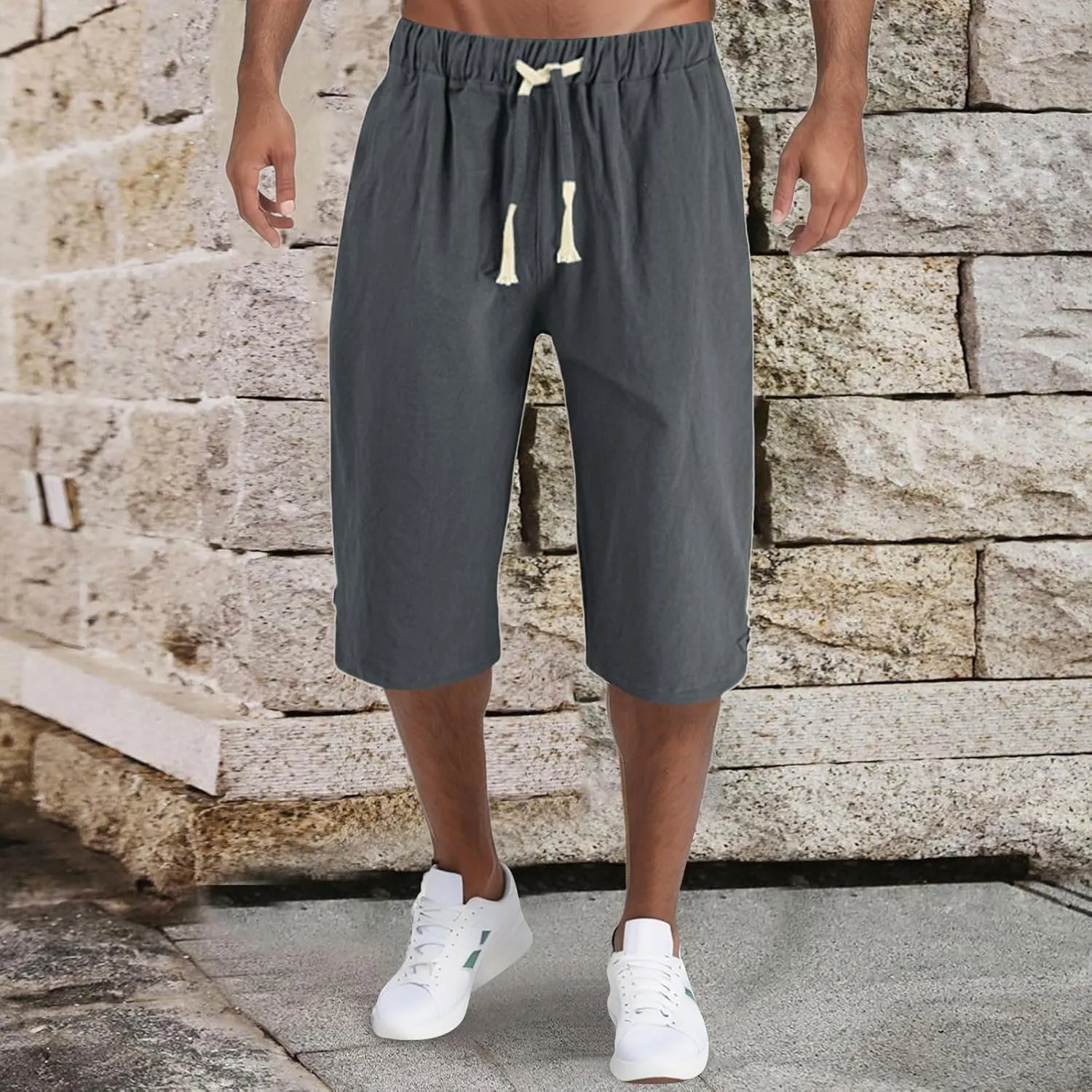 Mens Fashion Casual Simple Solid Color Lumbar Frenum Pants Calf Length Trousers Chinos Pants Men Stretch