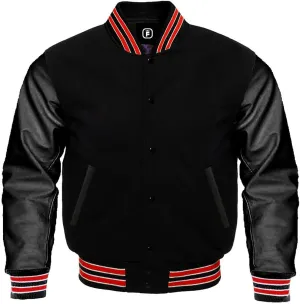 men's fashion lettermen baseball varsity jacket casual slim fit bomber jackets genuine leather seleeve wool body