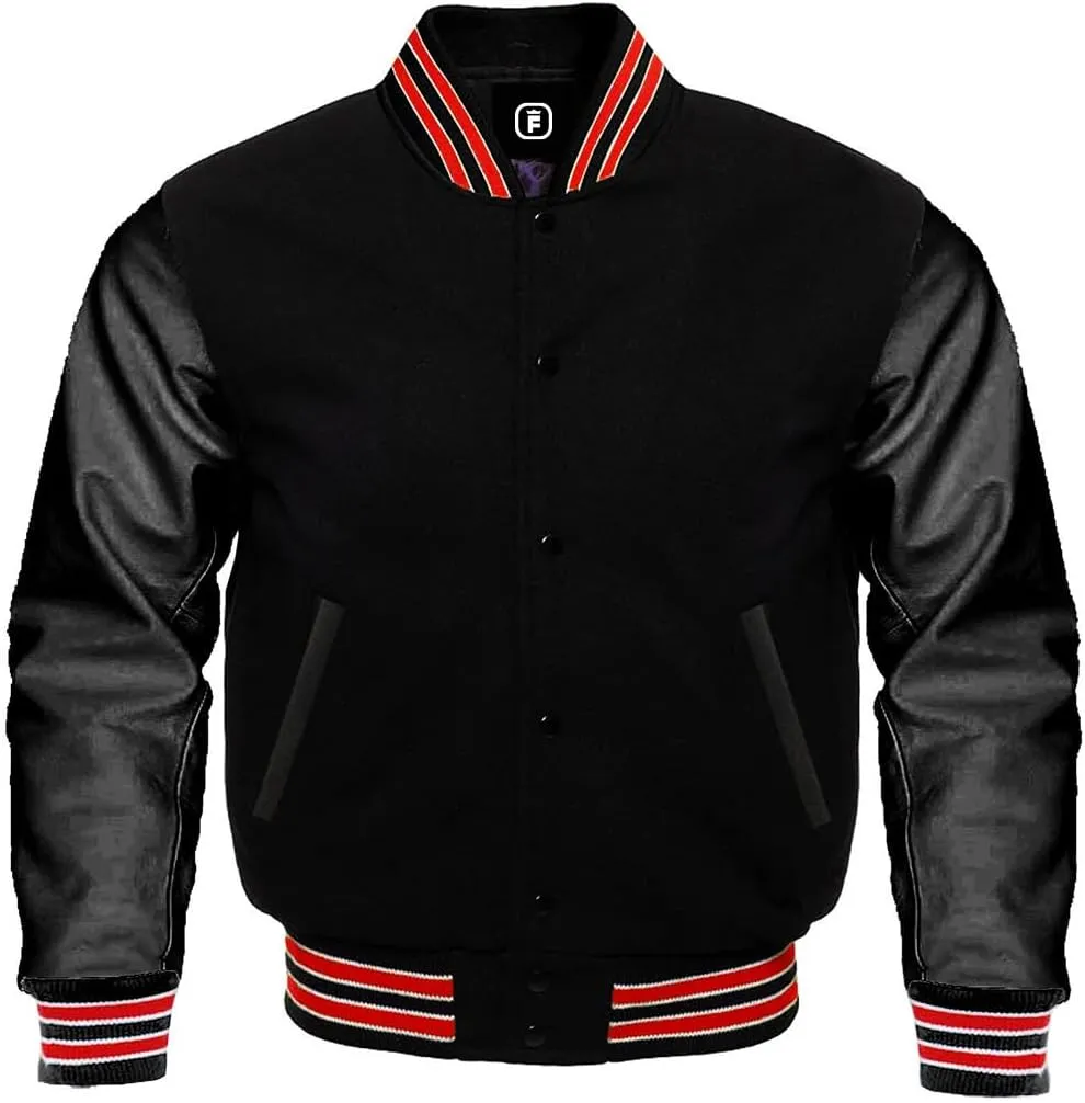 men's fashion lettermen baseball varsity jacket casual slim fit bomber jackets genuine leather seleeve wool body